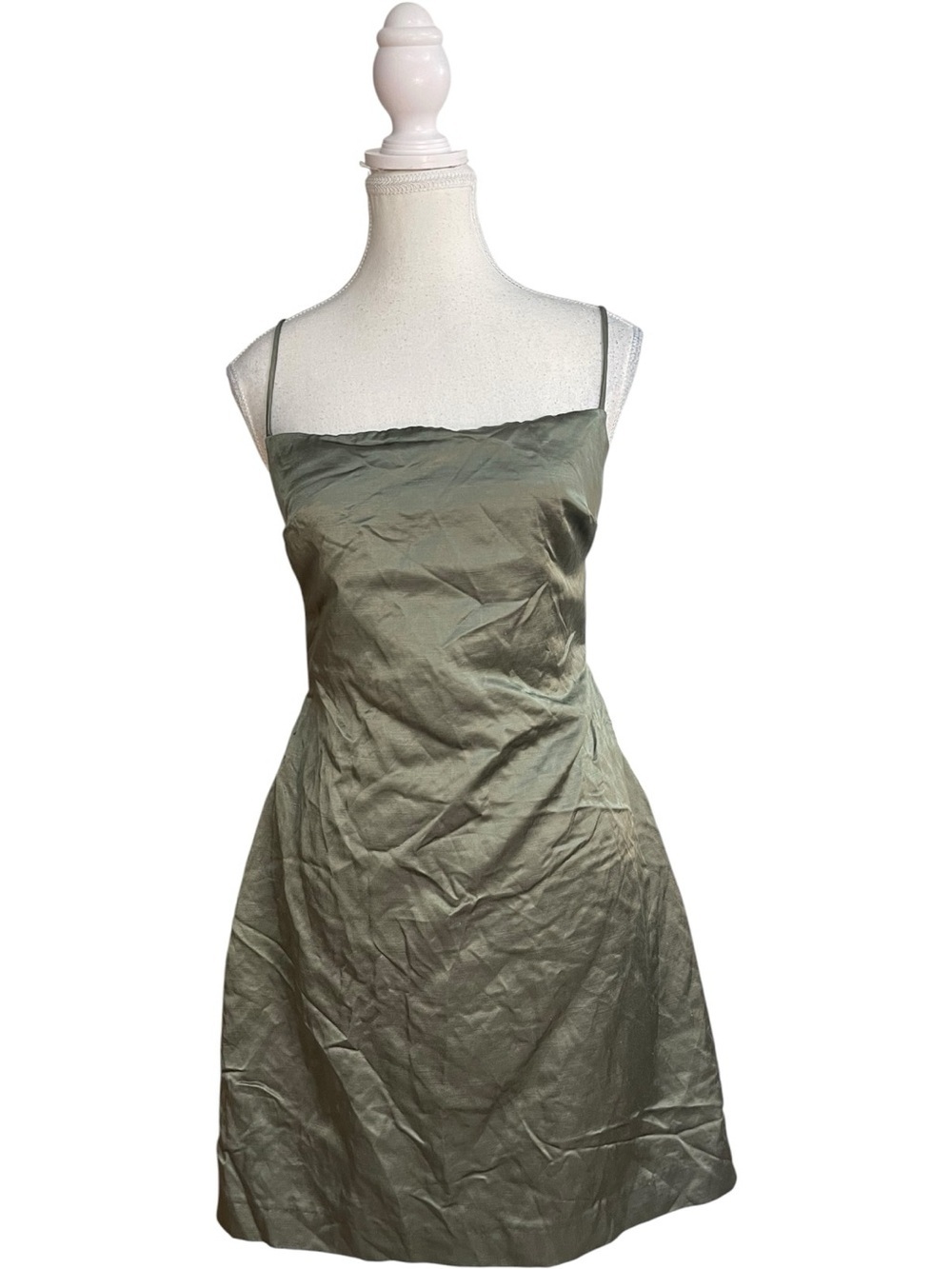 Zara Satin Linen Open Back Cami Mini Dress Khaki Green